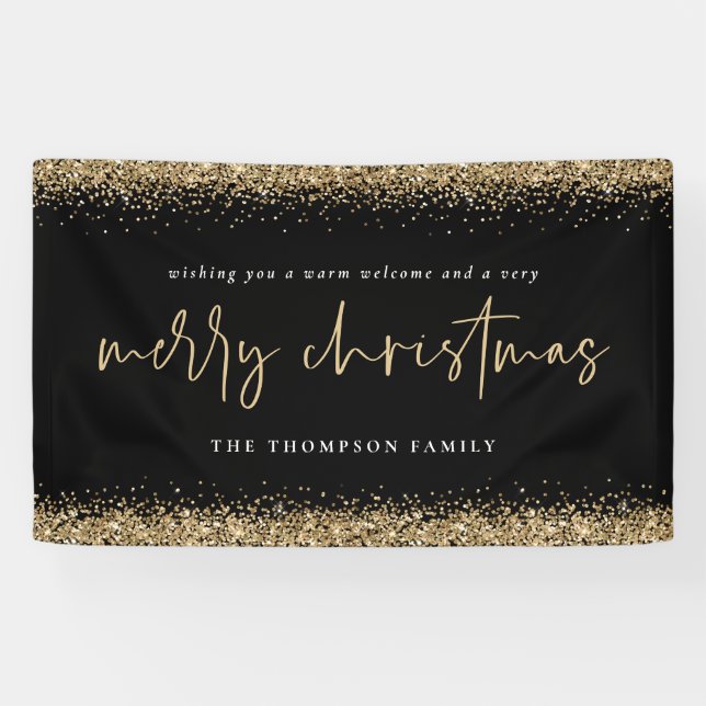 Gold Glitzer Frohe Weihnachtsnamen Schwarz Banner (Horizontal)