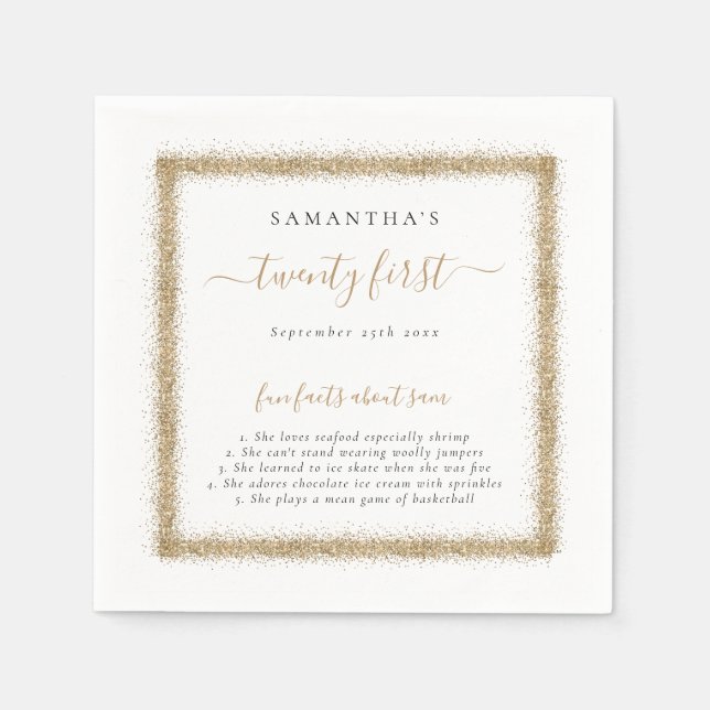 Gold Glitzer Fun Fakten Name Datum 21. Party Serviette (Vorderseite)