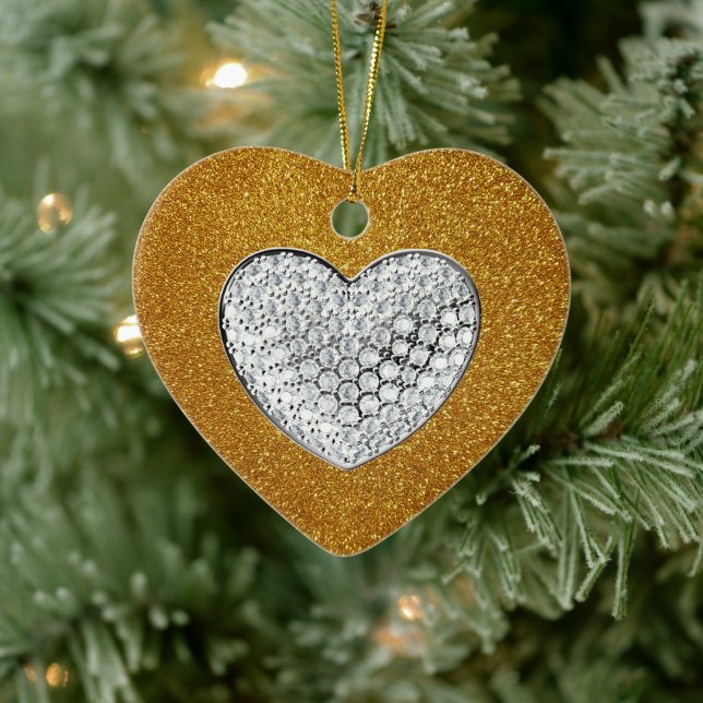 Gold Glitzer funkelnd Herz Keramik Ornament (Baum)