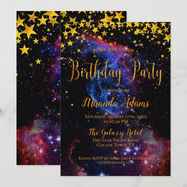 Gold Glitzer Galaxy Stars Geburtstagsparty Einladung (Vorne/Hinten)