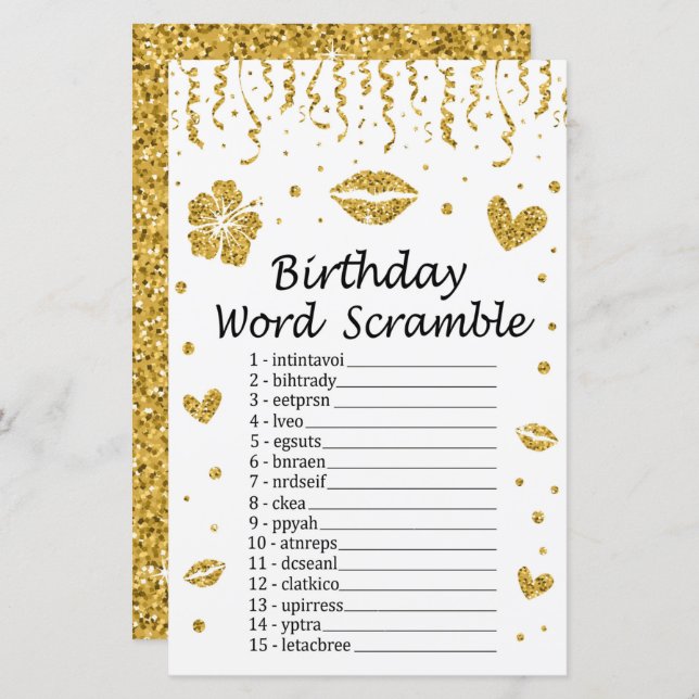 Gold Glitzer Geburtstag Word Scramble Game (Vorne/Hinten)
