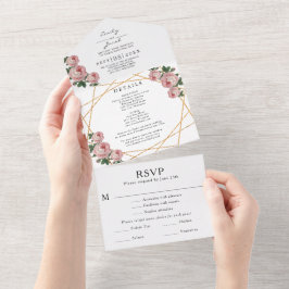 Gold Glitzer Geo Pink Floral Wedding RSVP Foto All In One Einladung