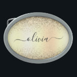 Gold Glitzer Girly Luxus Moderne Monogram Name Ovale Gürtelschnalle<br><div class="desc">Gold-Imitate belichten metallische Sparkle-Glitzer gebürstetes Metall Monogramm Name Gürtel Verschluss. Das macht den perfekten Abschluss,  süß 16 16.,  18.,  21.,  30.,  40.,  50.,  60.,  70.,  80.,  90.,  100. Geburtstag,  Hochzeit,  Brautparty,  Jubiläum,  Babydusche oder Junggeselinnen-Abschied Geschenk für jemanden,  der Luxus und Chic Stil Lieben glänze.</div>
