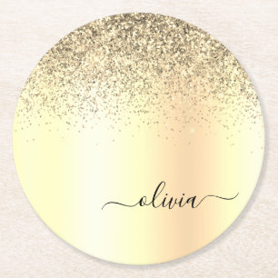 Gold Glitzer Girly Luxus Moderne Monogram Name Runder Pappuntersetzer