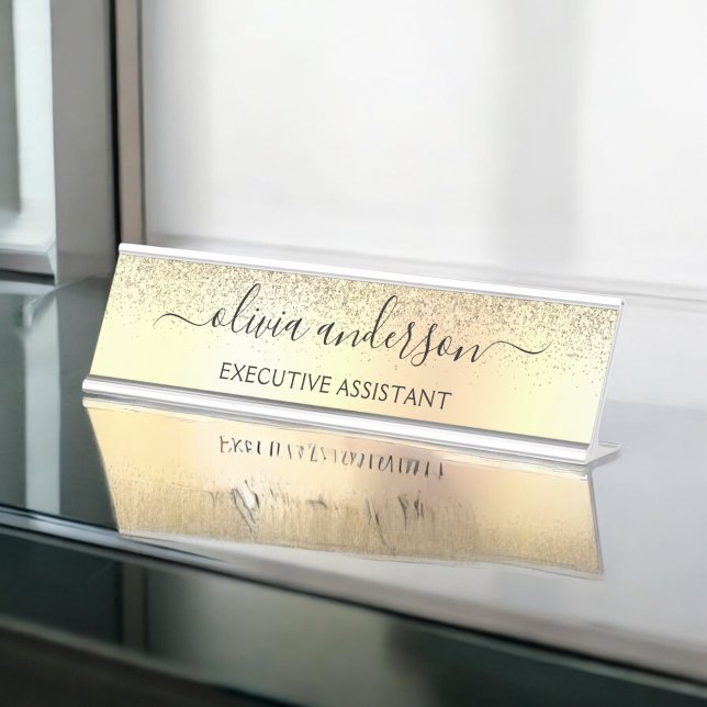 Gold Glitzer Girly Luxus Moderne Monogram Name Schreibtischnamensplakette (Von Creator hochgeladen)