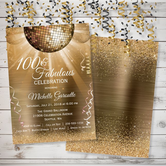 Gold Glitzer Glam 100 und fabelhaftes Disco Ball Einladung (Gold Glitter Glam 100 and Fabulous Disco Ball Invitation)