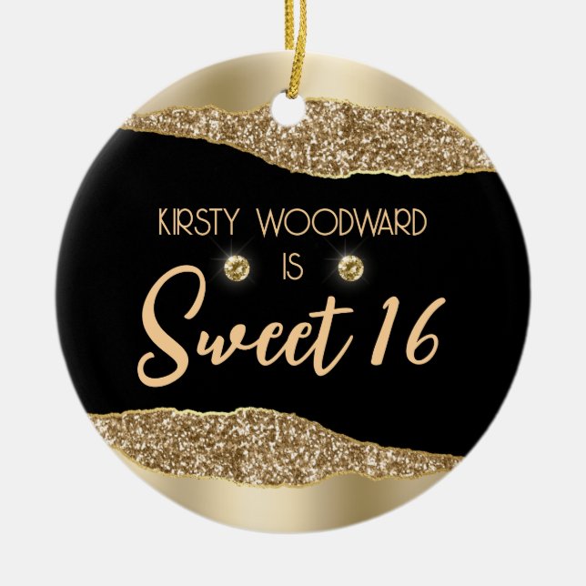 Gold Glitzer Glam Edge & Diamonds Sweet 16 Keramik Ornament (Vorne)
