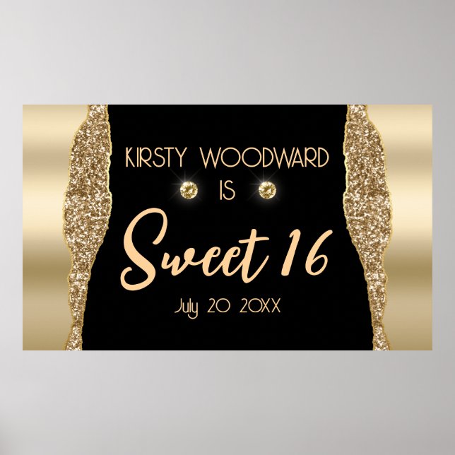 Gold Glitzer Glam Edge & Diamonds Sweet 16 Poster (Vorne)