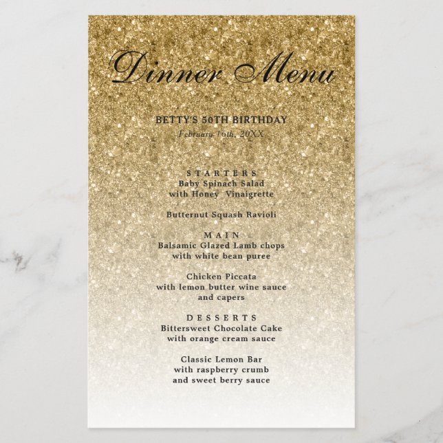 Gold Glitzer Glam Party Paper Menü (Vorne)
