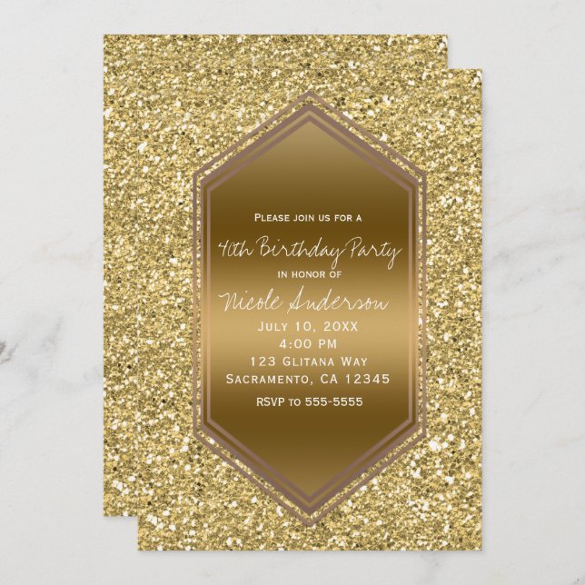Gold Glitzer Glam Shine Geburtstagsparty Einladung (Vorne/Hinten)