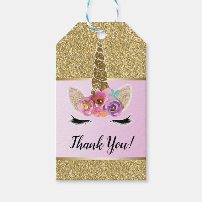 Gold Glitzer Glam Unicorn Blumenrosa Gastgeschenk Geschenkanhänger (Vorderseite)