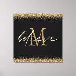 Gold Glitzer glaubt Script Monogram Erstschwarz Leinwanddruck