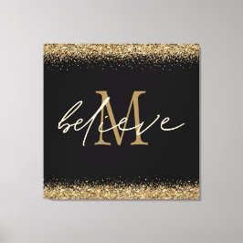 Gold Glitzer glaubt Script Monogram Erstschwarz Leinwanddruck