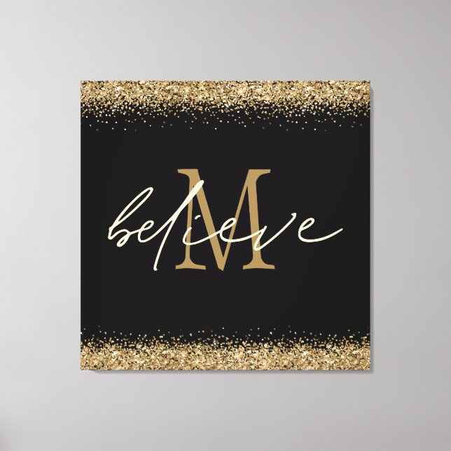 Gold Glitzer glaubt Script Monogram Erstschwarz Leinwanddruck (Vorderseite)