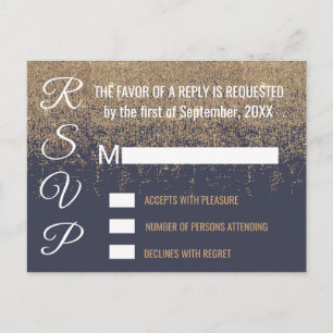Gold Glitzer Glitzern Navy Blue RSVPs Einladungspostkarte
