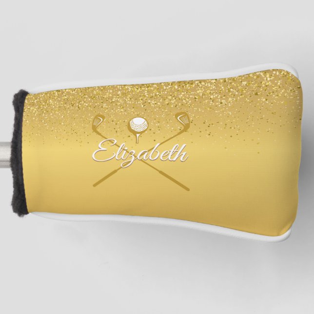 Gold Glitzer Golf Ball Klassischer Skriptname Golf Headcover (Vorderseite)