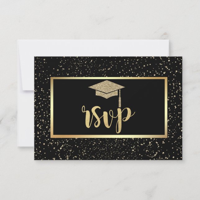 Gold Glitzer Grad Cap, Confetti Graduation Party RSVP Karte (Vorderseite)