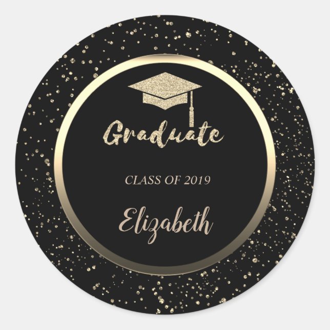 Gold Glitzer Grad Cap, Confetti - Personalisiert Runder Aufkleber (Vorderseite)
