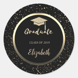 Gold Glitzer Grad Cap, Confetti - Personalisiert Runder Aufkleber