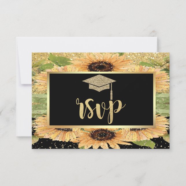 Gold Glitzer Grad Cap, Sunflowers Graduation Party RSVP Karte (Vorderseite)