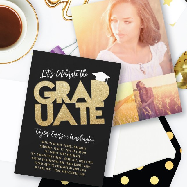 Gold Glitzer Graduate Cutout Graduation Party Einladung (Von Creator hochgeladen)
