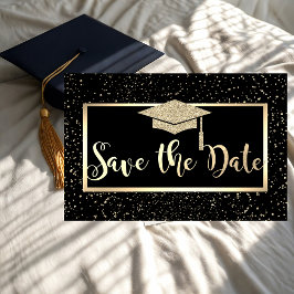 Gold Glitzer Graduation Cap, Confetti Save the Dat Save The Date