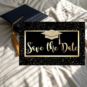Gold Glitzer Graduation Cap, Confetti Save the Dat Save The Date