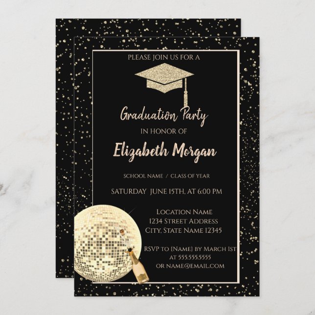 Gold Glitzer Graduation Cap, Disco Ball Confetti Einladung (Vorne/Hinten)