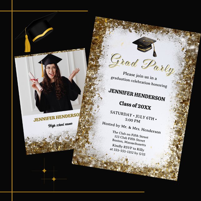 Gold Glitzer Graduation Cap Foto Class 2025 Einladung (Von Creator hochgeladen)
