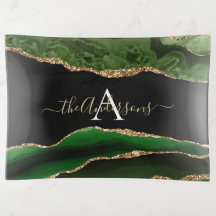 Gold Glitzer Green Agate Geode Monogram