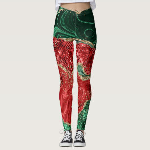 Gold Glitzer Grün und Rotes Glam Weihnachtsmuster Leggings