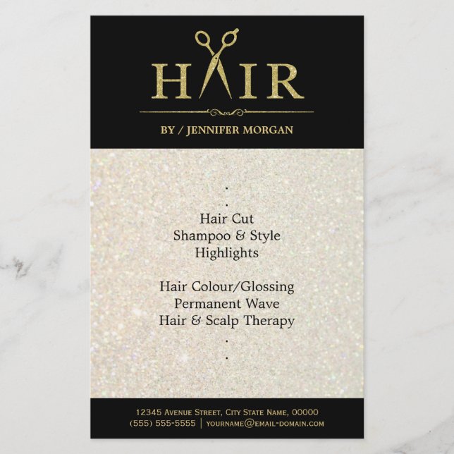 Gold Glitzer Hair Stylist Salon Scheren Flyer (Vorne)