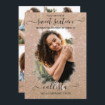 Gold Glitzer Halo Foto Collage Sweet 16 Einladung<br><div class="desc">Diese hübsche und gürmische 16 . Geburtstag Geburtstagsparty Foto Collage Einladung ist perfekt für das trendige und stilvolle Mädchen. Es verfügt über ein Imitat, das funkelnd vergoldeten Glitzer-Pinselhalo auf einem großen Foto und elegante handgeschriebene Schrift Typografie gedruckt. Auf der Rückseite sind vier weitere individuell anpassbare Bilder und die Party-Details mit...</div>