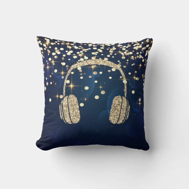 Gold Glitzer Headphone, Stars Dots Navy Blue Kissen (Vorderseite)