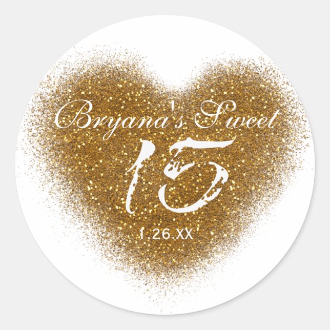 Gold Glitzer Heart 15 Quinceincera Party Stickers (Vorderseite)