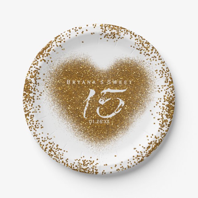 Gold Glitzer Heart 15 Quinceincera Party Teller (Vorderseite)