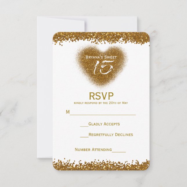 Gold Glitzer Heart 15 Quinceincera RSVP Card (Vorderseite)