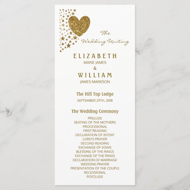 Gold Glitzer Heart and Stars Wedding Program Programm (Vorderseite)
