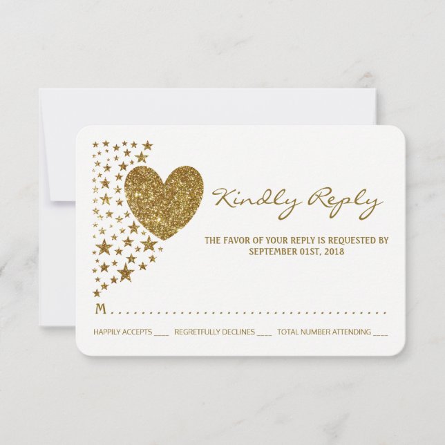 Gold Glitzer Heart and Stars Wedding RSVP (Vorderseite)