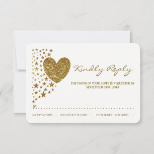 Gold Glitzer Heart and Stars Wedding RSVP