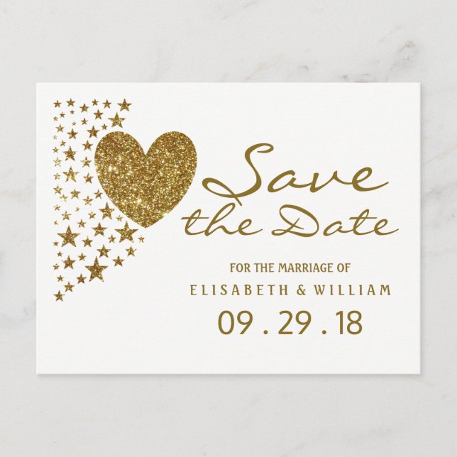 Gold Glitzer Heart and Stars Wedding Save the Date Ankündigungspostkarte (Vorderseite)