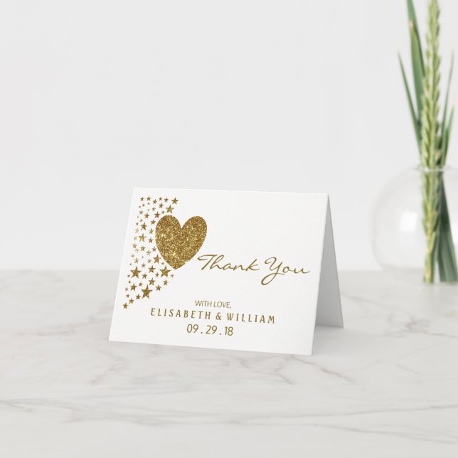 Gold Glitzer Heart and Stars Wedding Vielen Dank Dankeskarte (Vorderseite)