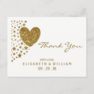 Gold Glitzer Heart and Stars Wedding Vielen Dank Postkarte