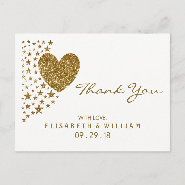 Gold Glitzer Heart and Stars Wedding Vielen Dank Postkarte (Vorderseite)