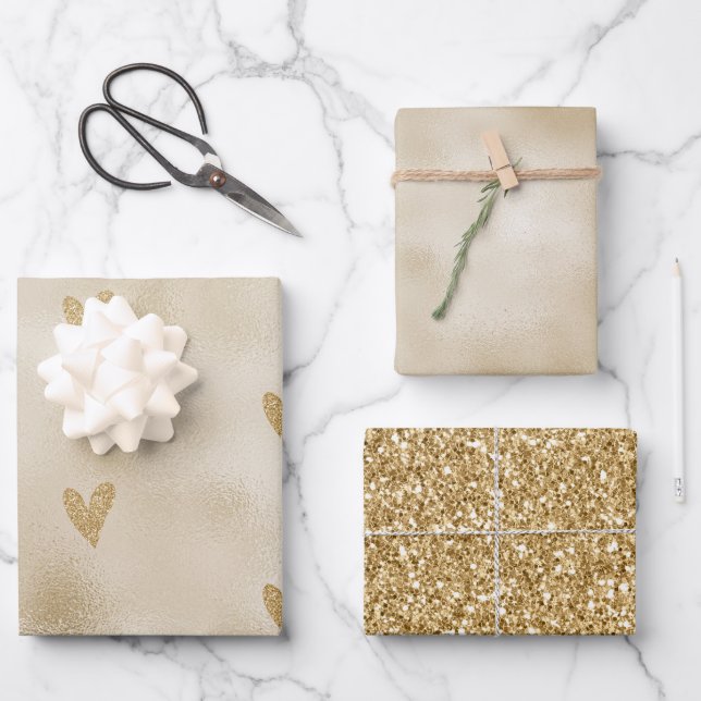 Gold Glitzer Heart Geschenkpapier Set (Vorderseite)