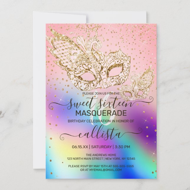 Gold Glitzer Holographic Masquerade Sweet 16 Einladung (Vorderseite)