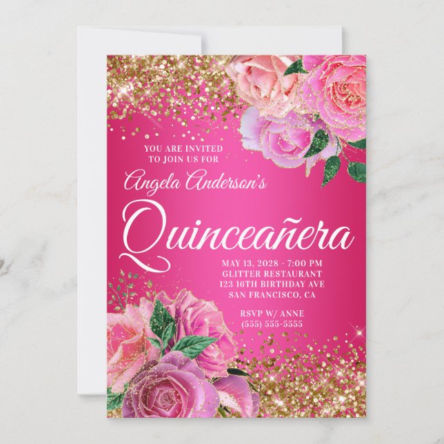 Gold Glitzer Hot Pink Blütenglanz Quinceañera Einladung (Vorderseite)