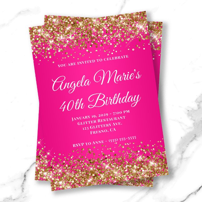 Gold Glitzer Hot Pink Extravagant Monogram 40. Geb Einladung (Gold Glitter Hot Pink Fancy Monogram 40th Birthday Invitation)