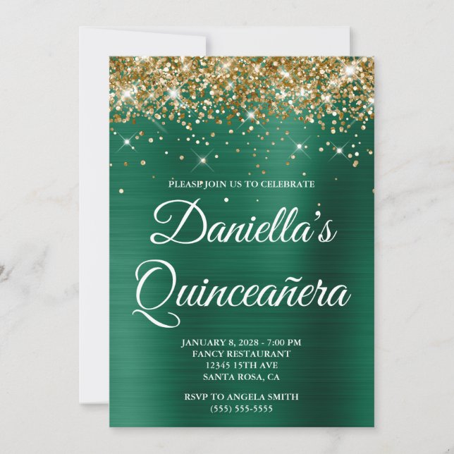 Gold Glitzer Hunter Green Foil Quinceañera Einladung (Vorderseite)