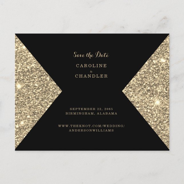 Gold Glitzer Image & Black Glam Save the Date Postkarte (Vorderseite)